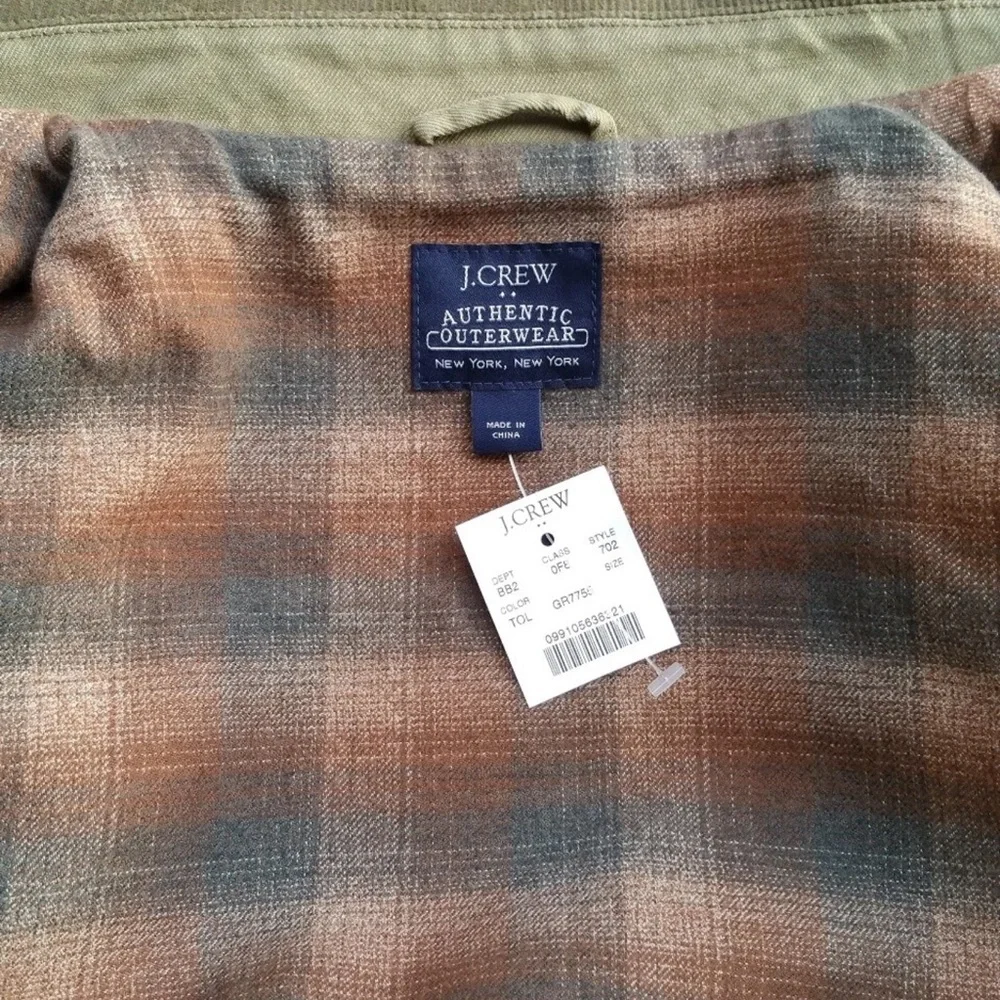 NWT J Crew Barn Jacket Flannel Lined Corduroy Collar Olive Green Small